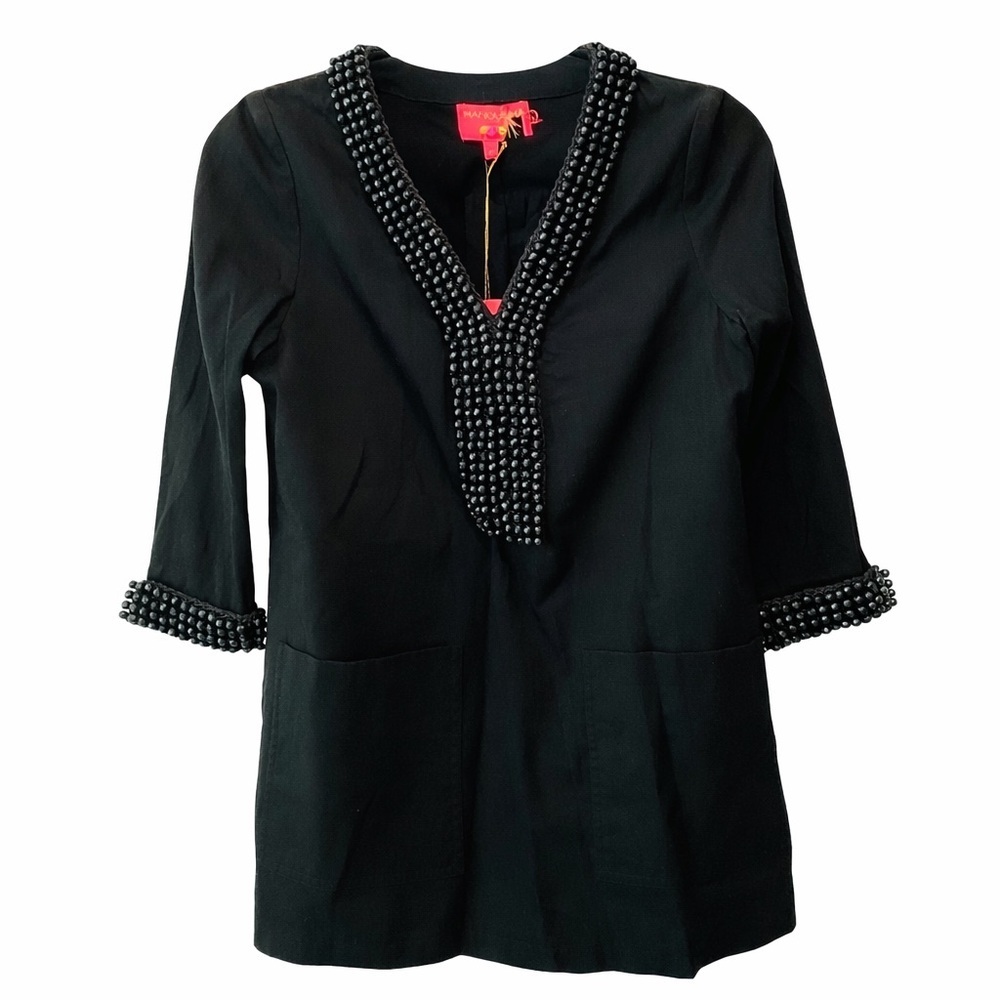 NWT Anthropologie Manoush Beaded Black Tunic Top Whimsical Boho V-Neck 6